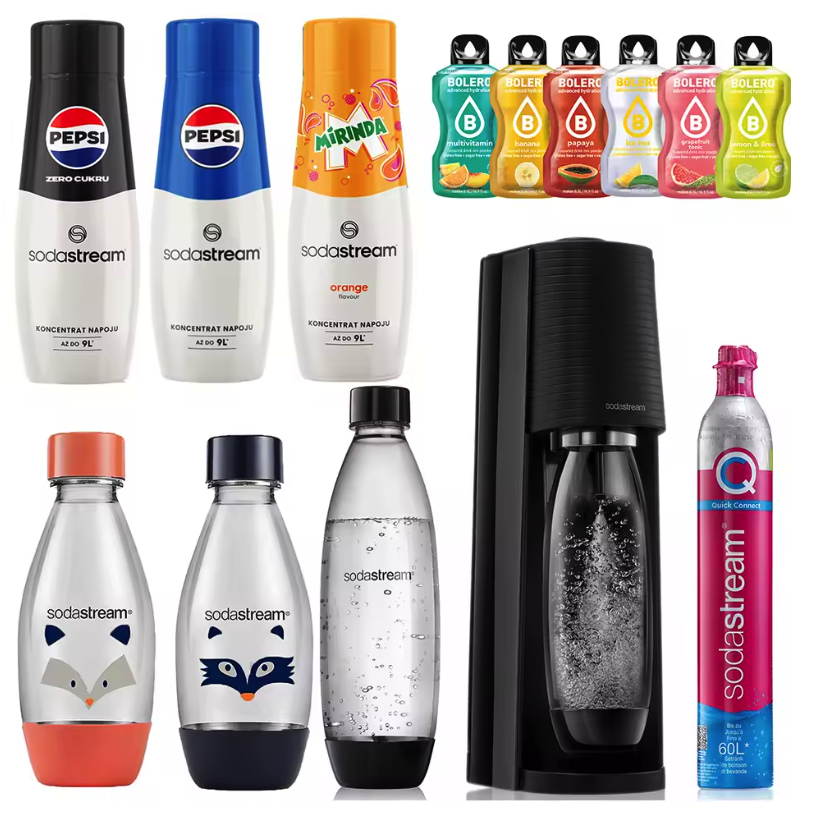 SodaStream Terra saturator z butelkami, nabojami CO₂ i syropami