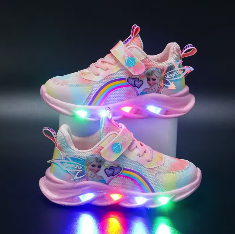 Dziewczęce buty sportowe Disney Elsa różowo‑fioletowe z podświetlaną podeszwą LED i siateczkową cholewką
