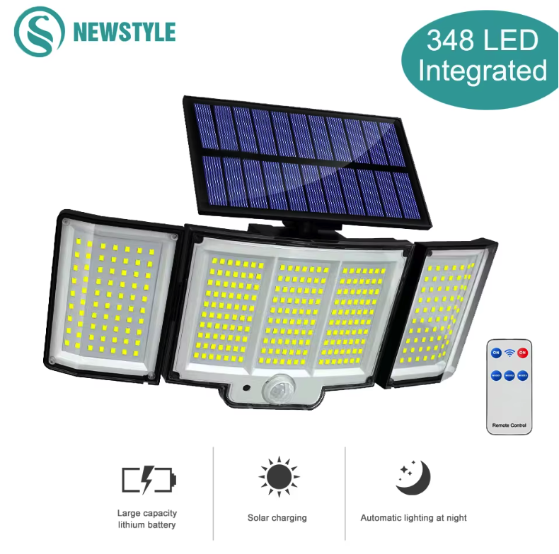 Zewnętrzna lampa solarna 348 LED z czujnikiem ruchu IP65 montowana na ścianie ogrodowej