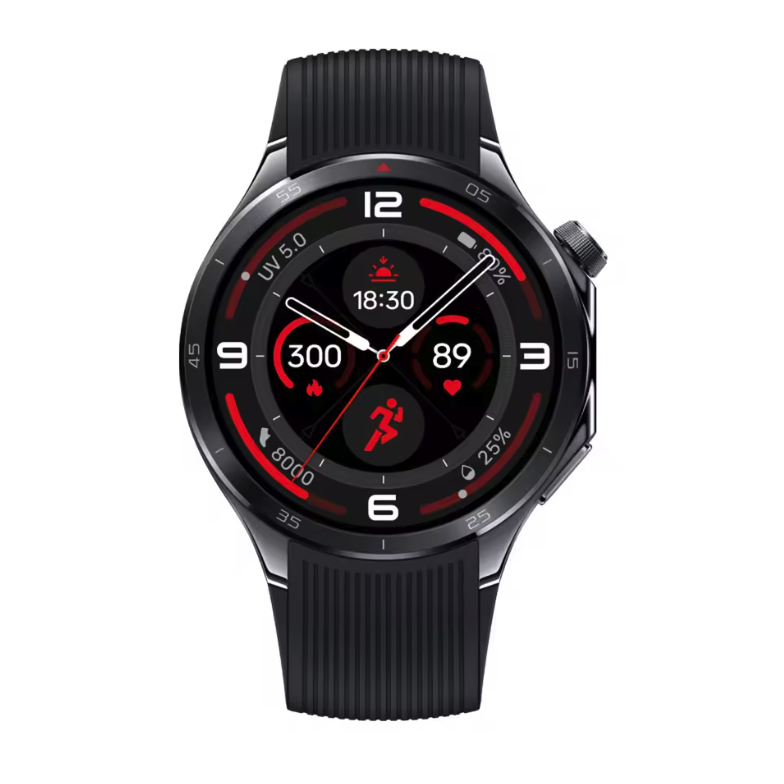 Smartwatch OnePlus Watch 3 z czarną okrągłą kopertą, wyświetlacz LTPO AMOLED 1,5 cala, pasek silikonowy, na ekranie dane o aktywności i GPS