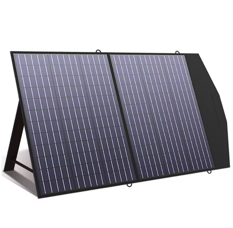 Składany panel słoneczny ALLPOWERS SP027 100W/200W, czarny, w formie teczki z uchwytem i przewodami przyłączeniowymi do elektrowni przenośnej