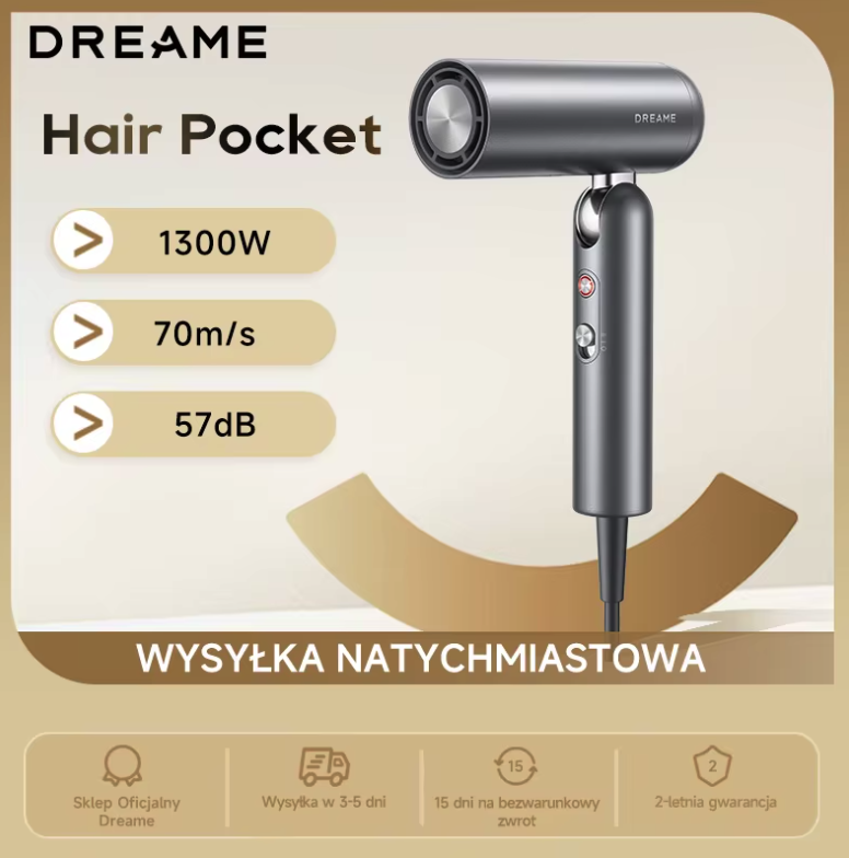 ompaktowa składana suszarka do włosów Dreame Glory Pocket z jonizacją, szybką cyrkulacją powietrza i końcówkami do stylizacji